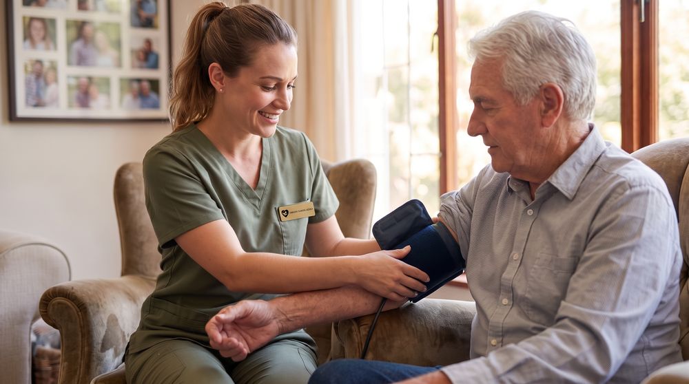 A caregiver taking a client's blood pressure in his living room