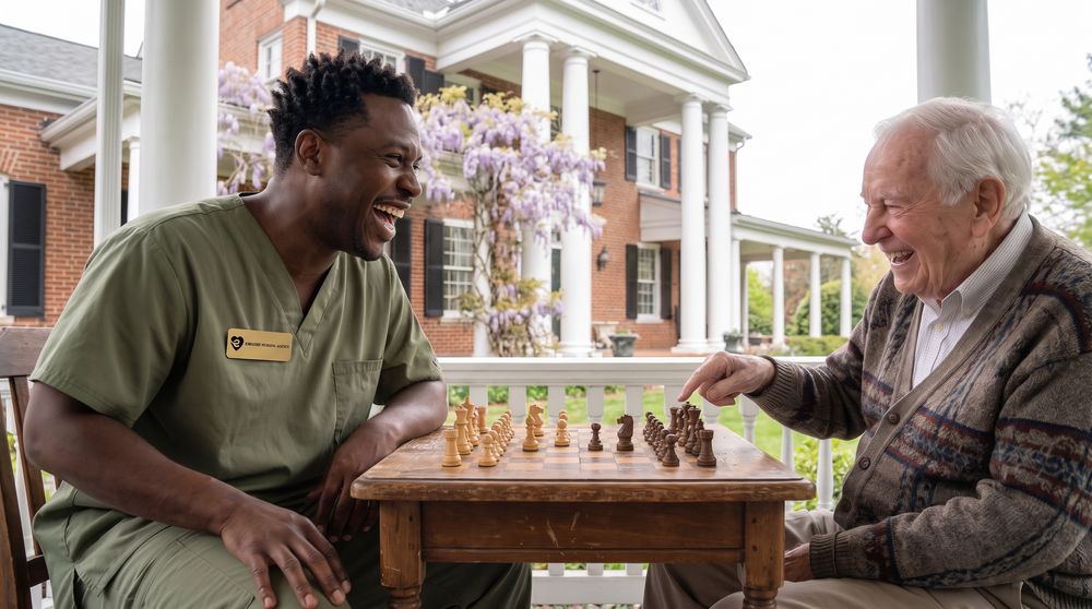 An Empathy caregiver playing chess with a client on a shaded porch