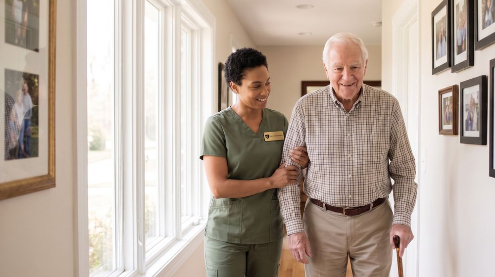 A caregiver walking a client along a sunlit hallway