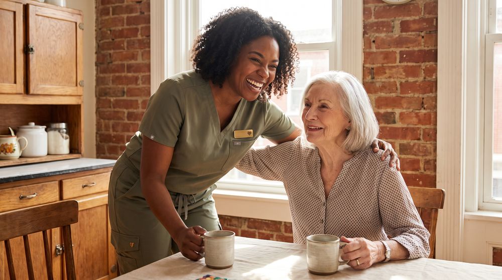 A caregiver greeting a client warmly over tea at her kitchen table