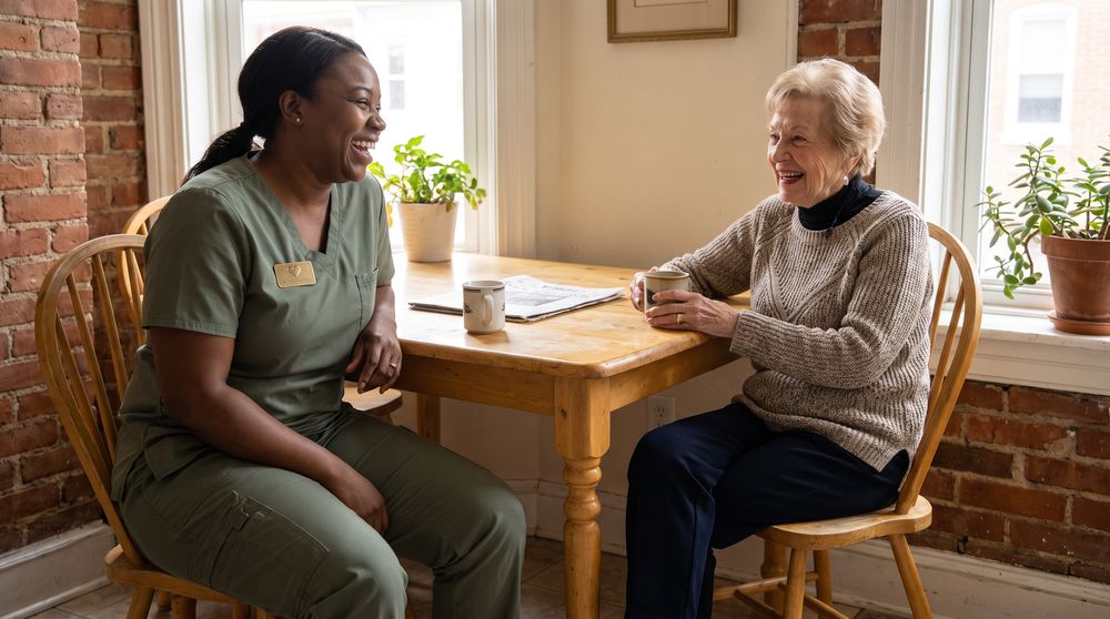 A caregiver and client talking over tea at the kitchen table