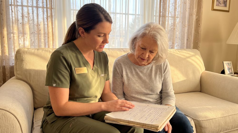 A caregiver reading with a client living with memory loss