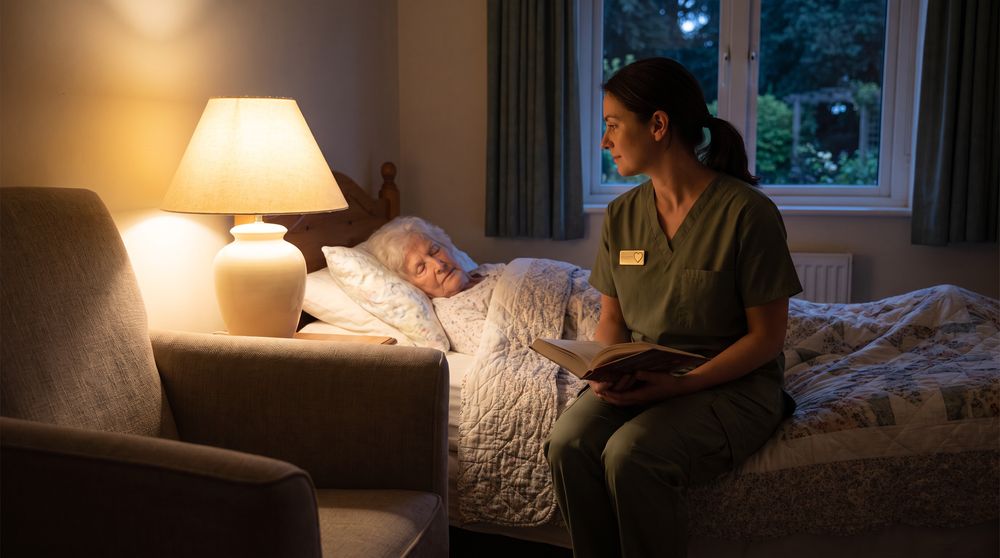 A caregiver keeping watch by lamplight during an overnight shift