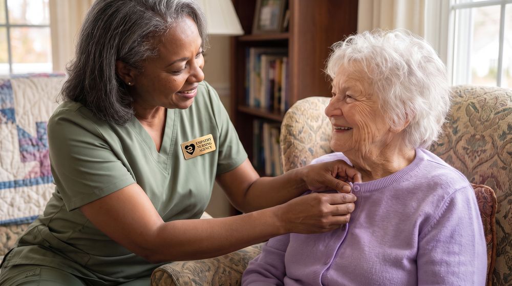 A caregiver helping a client with dressing