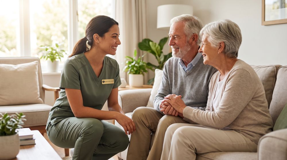 A caregiver sitting and laughing with an older couple in their living room