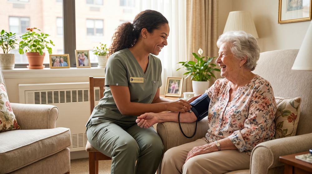 A caregiver taking a client's blood pressure in her living room